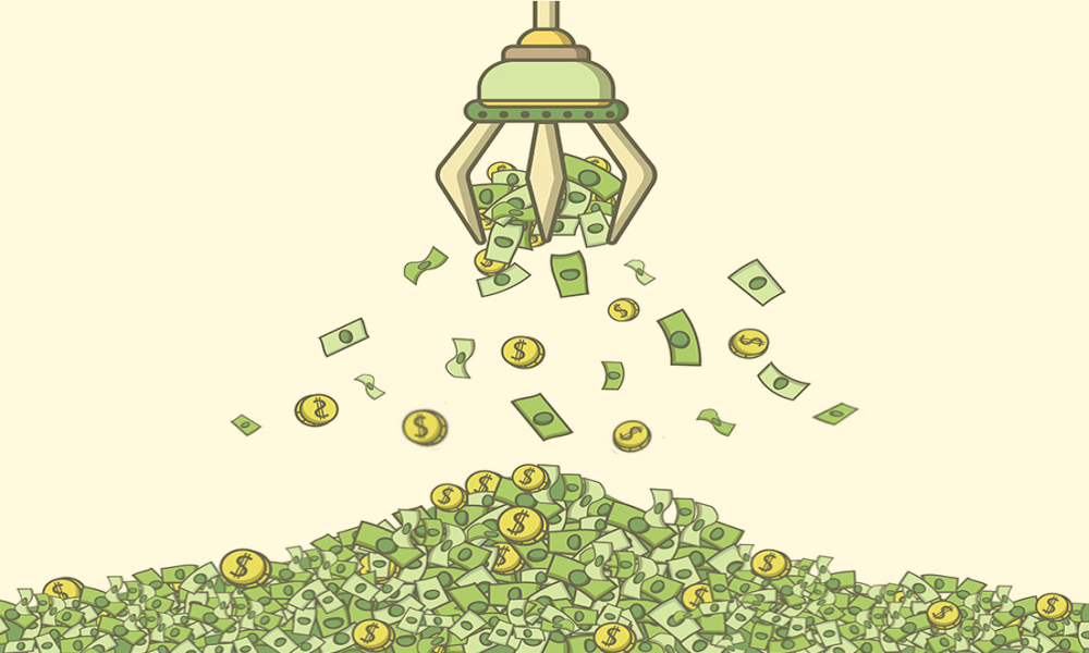 Illustration with claw machine hand dumping more paper and coin money onto a huge pile of money in Green & yellow