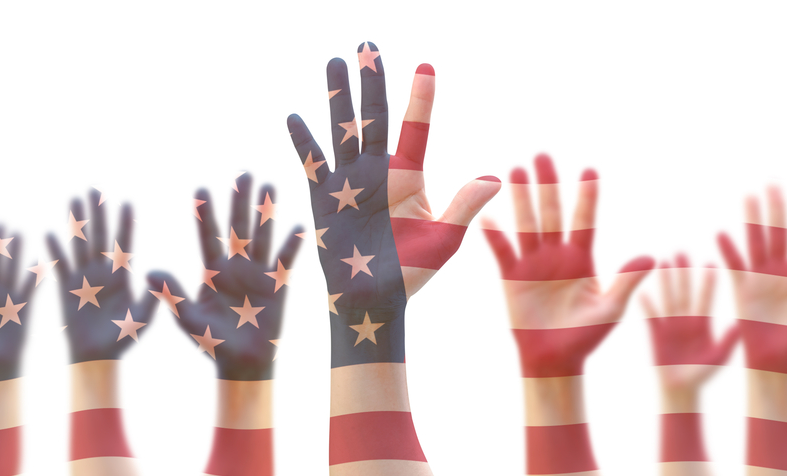 Civics education, youth leadership and civic engagement: raised hands of young people colored like american flag