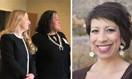 ICWA court: On left, 2 women in black dresses look right. On right, woman with earrings, necklace smiles.