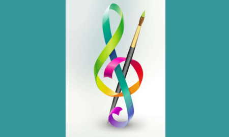 K-12 Music and Arts Education Program Support Small grants; colorful treble clef and art brush graphic