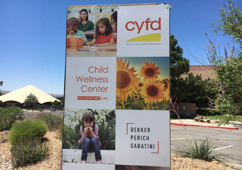 Big sign at parking lot that says cyfd, child wellness center.