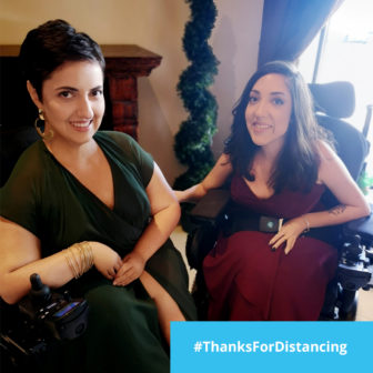 social distancing: 2 smiling women with brown hair in wheelchairs