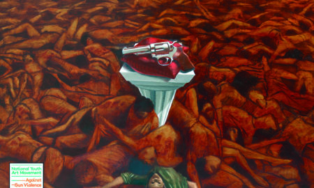 art: Painting of many fallen bodies around a white pedestal holding a red pillow with gun resting on it