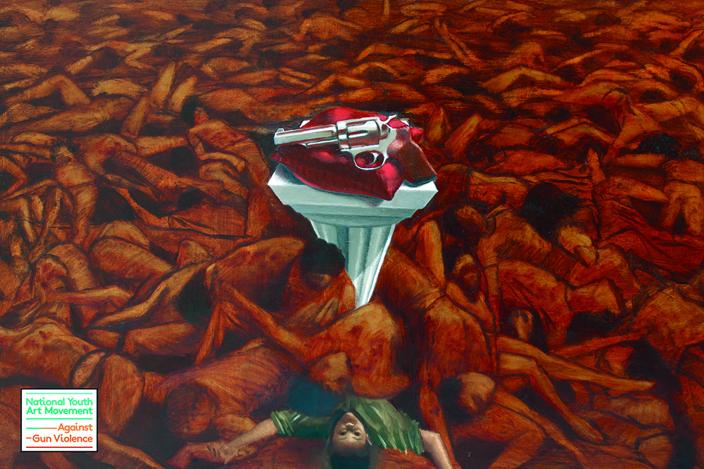 art: Painting of many fallen bodies around a white pedestal holding a red pillow with gun resting on it