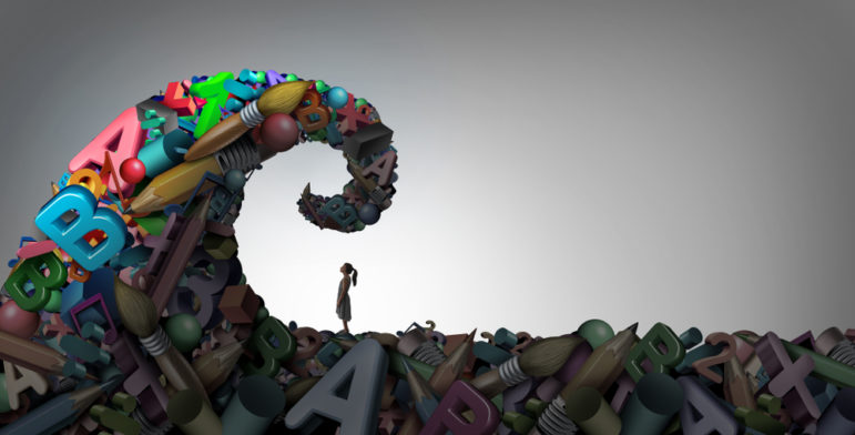 Giant wave of letters about to break over child with ponytail: 3D illustration elements