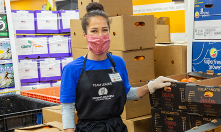 Bay Area Nonprofit support through covid grants; worker with facemask stocking food