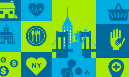 New York City Low-Income Community Relief Fund Grants; multicolored graphic of NYC and different essentials logos