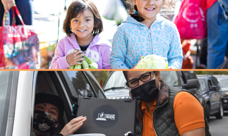 San Diego COVID-19 Community Response Grants; children getting food and worker with facemask doing delivery