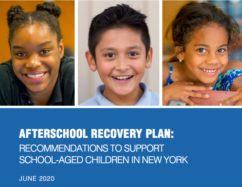 New York: Cover of report with 3 kids’ faces, titled afterschool recovery plan recommendations to support school-aged children in ny june 2020