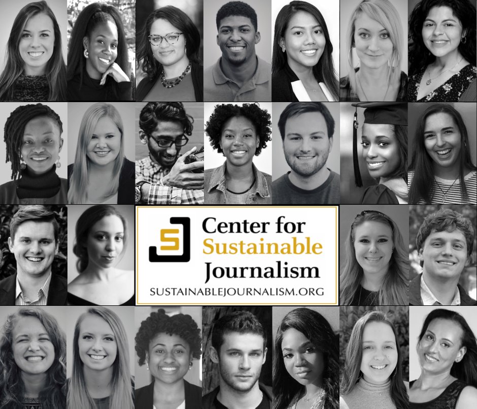 Headshot black and white collage of 25 young people with Center for Susutainable Journalism gold and black log on white logo in the center
