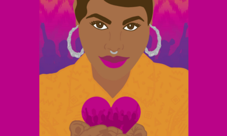 The Power to Heal Our Hearts painting, black woman holding purple heart in her hands