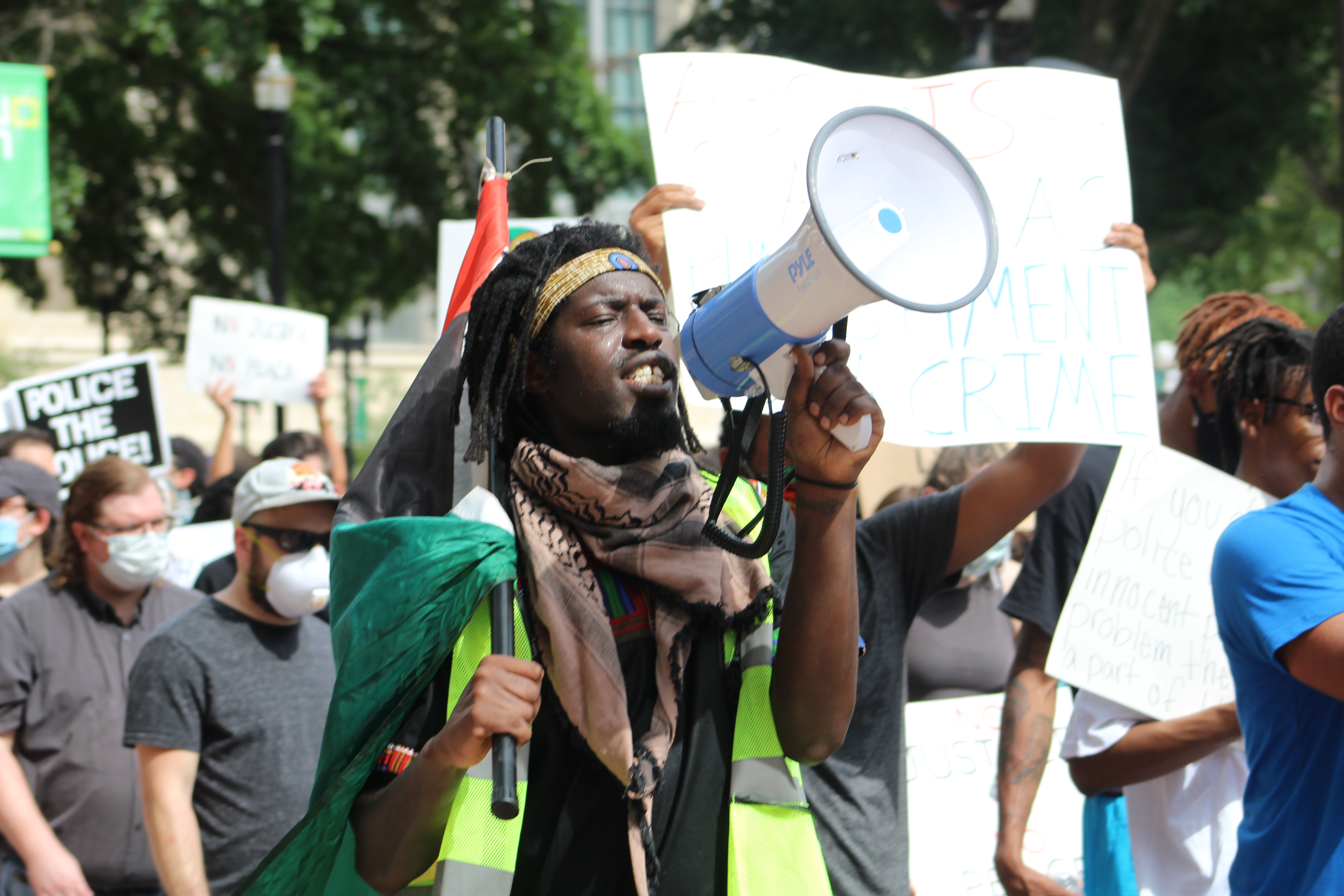 Black Lives Matter Protest Jacksonville: Man leads chants during a march in Downtown Jacksonville on June 13