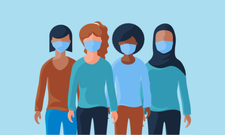 Advancing health equity during COVID crisis grants; graphic of women of different ethnicities with face masks on
