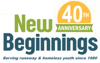 New Beginnings job opportunity with homeless Youth support org logo blue and green on white