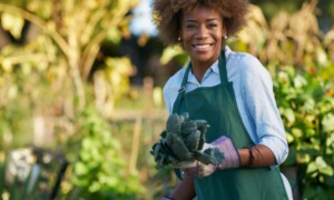 community food access: african american woman holding freshly picked kale from comnunal community garden posing for portrait