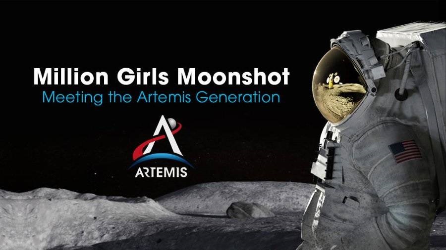 astronaut: Astronaut on lunar landscape with words Million Girls Moonshot