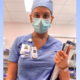 ER: Aaryn Zimmerman (headshot), person in scrubs, mask holding clipboard