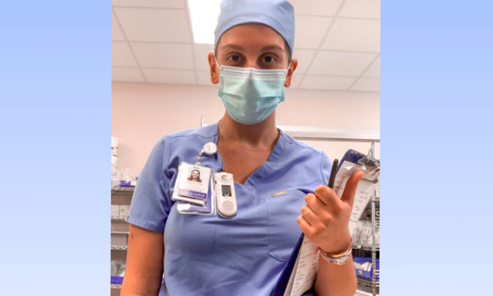 ER: Aaryn Zimmerman (headshot), person in scrubs, mask holding clipboard 