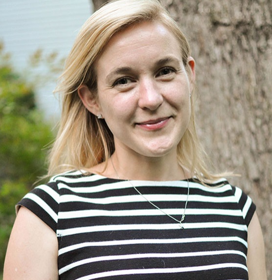 Maryland: Liz Banach (headshot), executive director of Marylanders to Prevent Gun Violence, smiling woman with blonde hair, necklace, earrings, black and white striped top