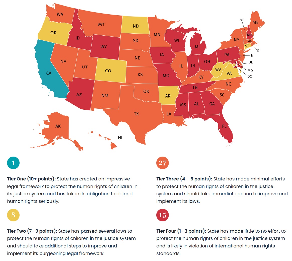 human rights protections for children in justice system report; map of state rankings