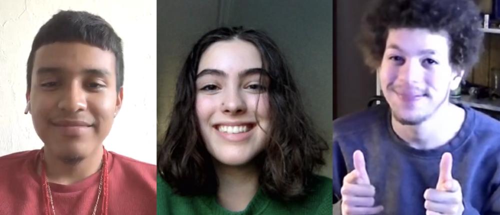 Headshots of three young teens boy in orange shirt, smiling girl with darkk hair & young man with both hands in thunbs upposition
