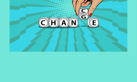 ost: Woman’s hand changes word on blocks from chance to change. illustration in pop art retro comic style