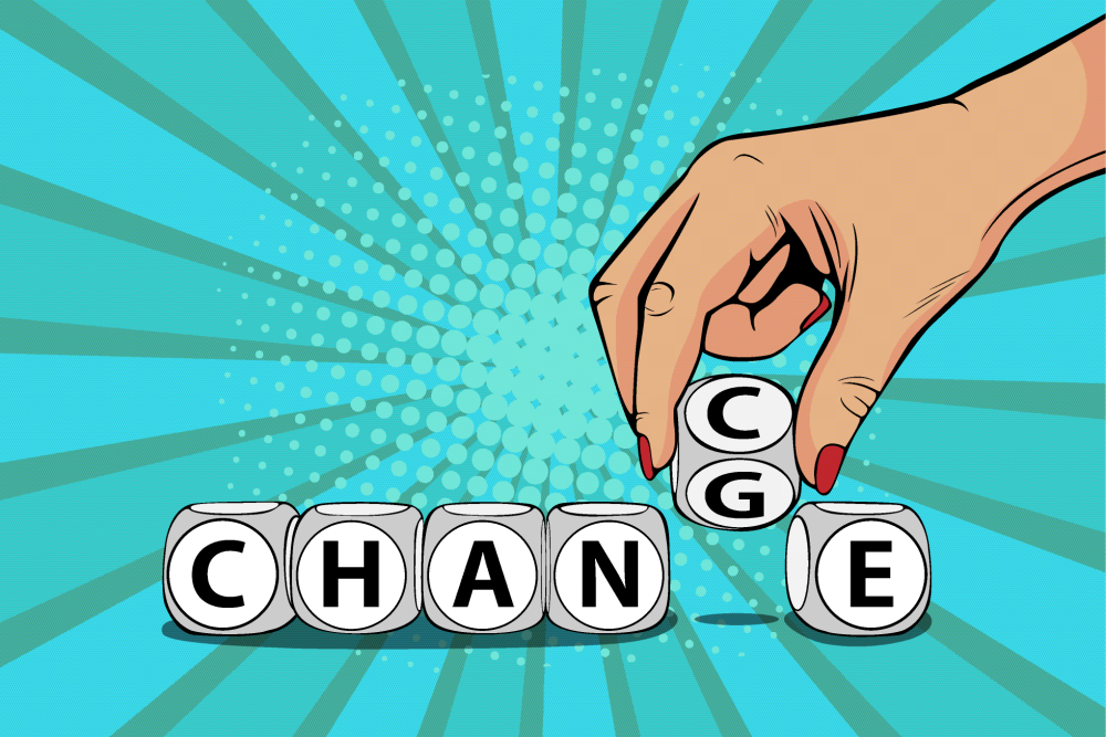  ost: Woman’s hand changes word on blocks from chance to change. illustration in pop art retro comic style