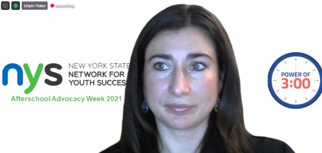 afterschool: Screenshot of serious woman with long dark hair against background with messages Afterschool Advocacy Week 2021 and NY State Network for Youth Success.