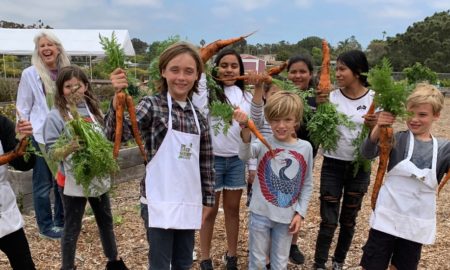 California elementary school garden support grants; happy children holding fresh carrots