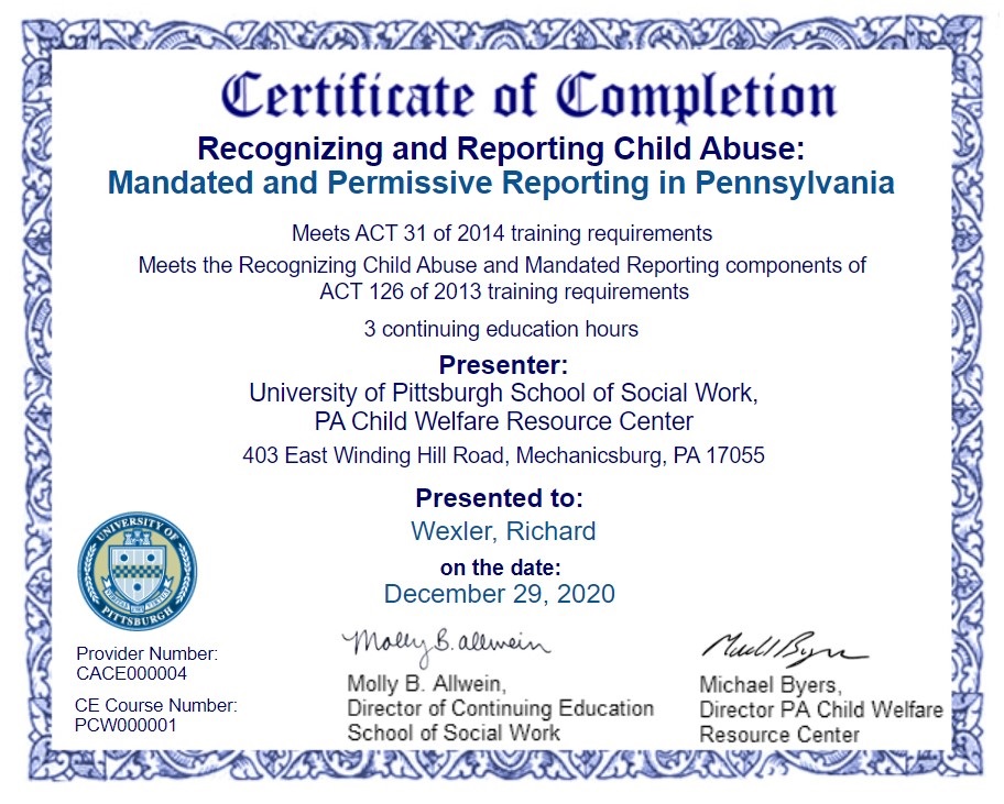 mandated reporter: Certificate of completion for Richard Wexler on recognizing, reporting child abuse