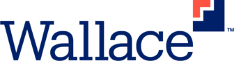 LOGO Wallace Foundation 2021march dark blue text "Wallace" woth dark blue and orange small square logo ona white banner.