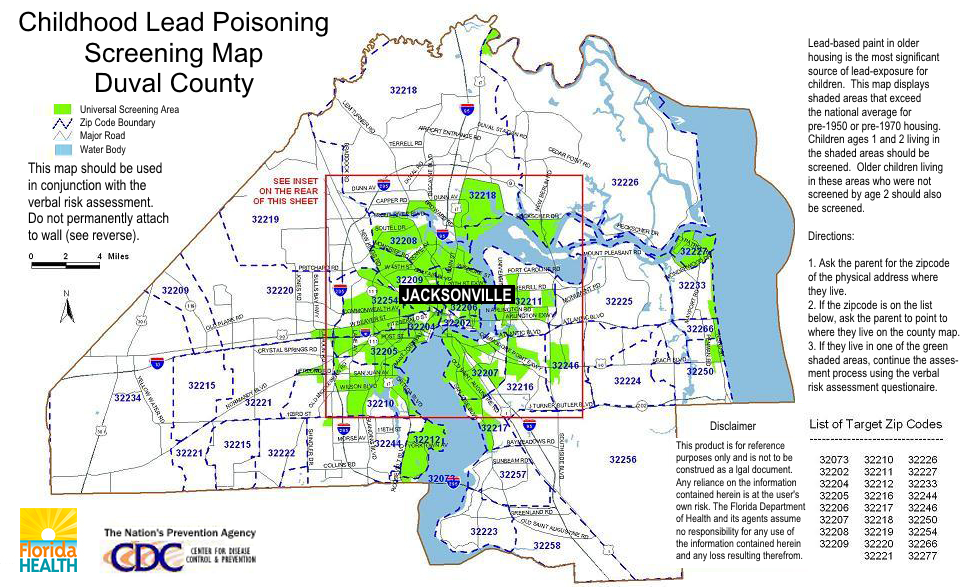 lead poisoning: Map of Duval County, Florida, with areas colored to indicate aras of lead poisoning risk