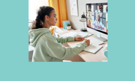Top 10 tips for SEL in virtual afterschool program; young female student on call with virtual class: Girl at desk with Zom class on computer screen