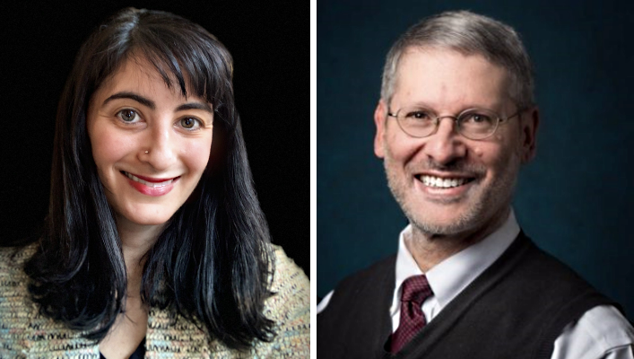 texting youth brains: Headshots Marisa Markowitz smiling woman wit long black hair wearing bulky knir cream sweater and Daniel Pollack smiling man with beard, mustache, glasses wearing blue tie, white shirt, dark vest.