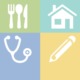 family, children and community grants: graphic of eating utensils, house, stethoscope, and pencil in different colors