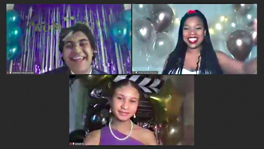 Virtual Prom: Three students in prom outfits in front of prom backdrops on virtual prom video call