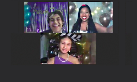 Virtual Prom: Three students in prom outfits in front of prom backdrops on virtual prom video call
