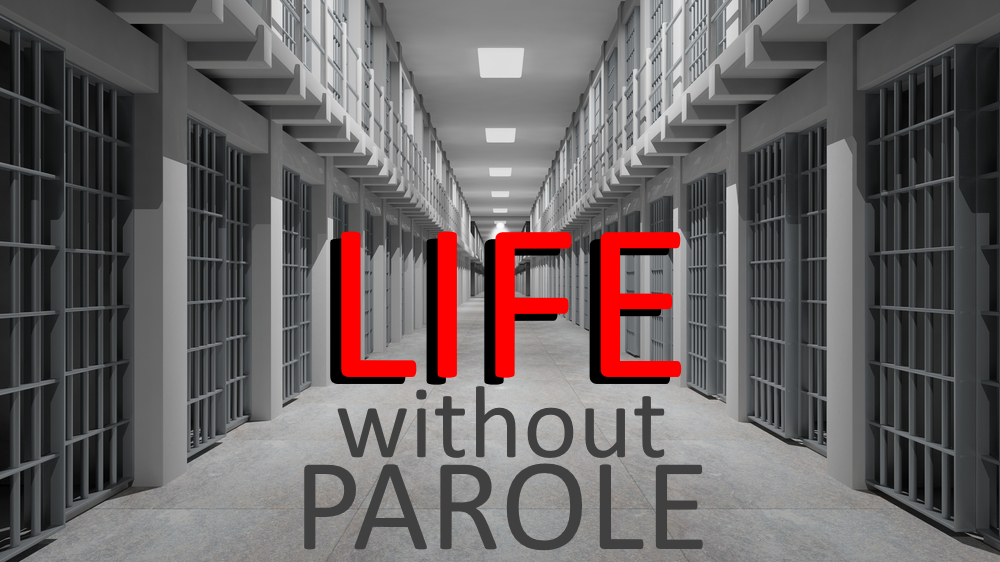 Teen Life Sentence Unjust: Life Without Parole text overlay on white hallway lined with barred prison cells
