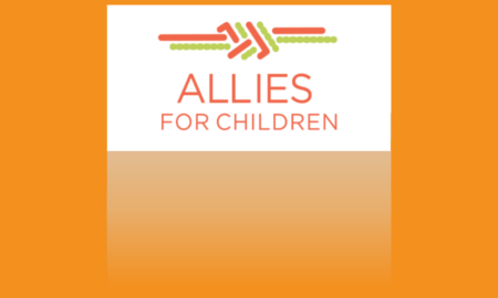 job Listing: Allies for Children logo orange text and orange with avocado green graphic on white