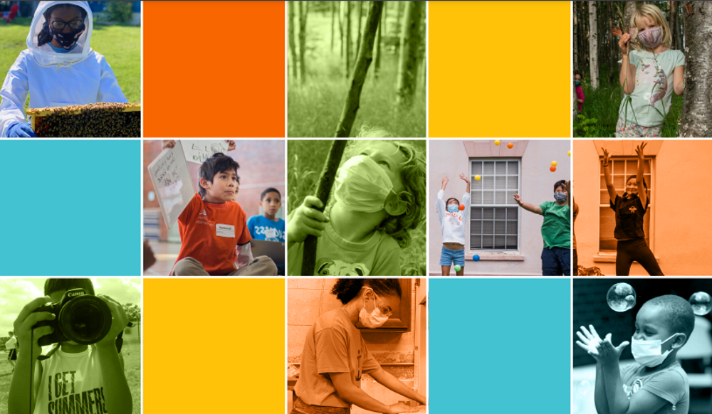 Summer Program Inequities: Photo collage of of youth and bright color blocks.