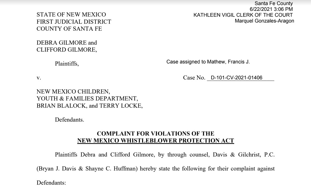 Empleados de servicios infantiles de Nuevo México despedidos presentan una demanda de denunciante: imagen de la documentación de la demanda
