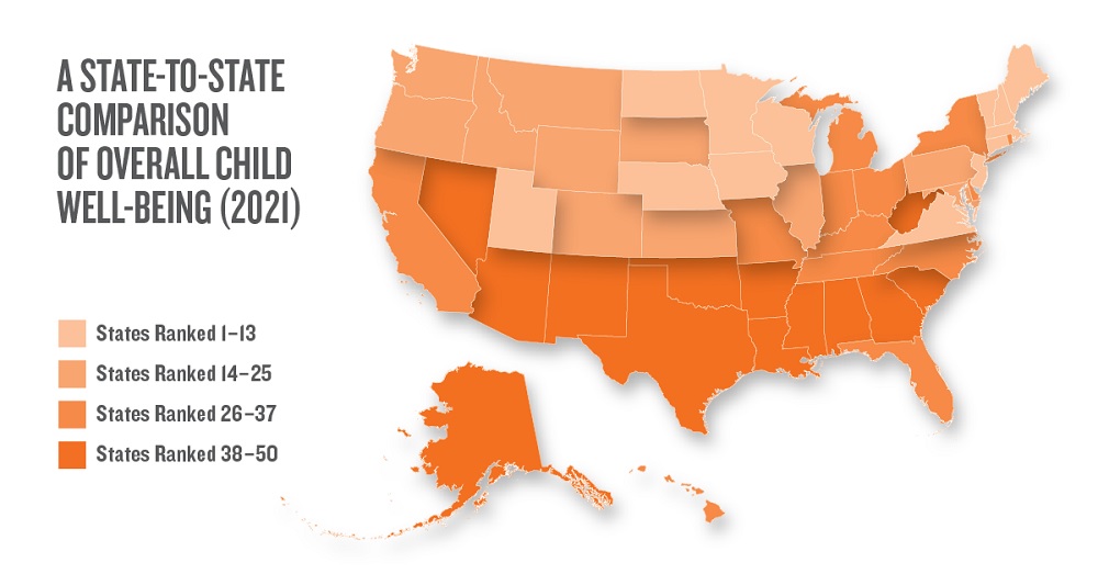 2021 KIDS COUNT Data Book State Rankings: map of state rankings for child well-being