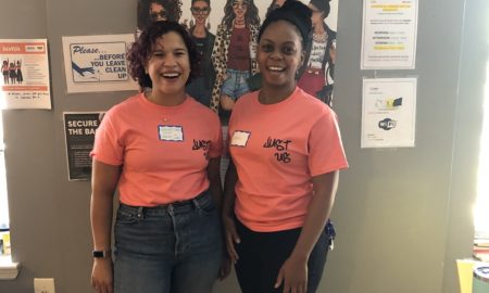 Helianis Quijada Salazar and Jasmine Jones stand inside the offices of JustUs, a Brooklyn, N.Y. projected aimed at diverting justice-involved girls and queer youth from juvenile detention facilities and into community programs.