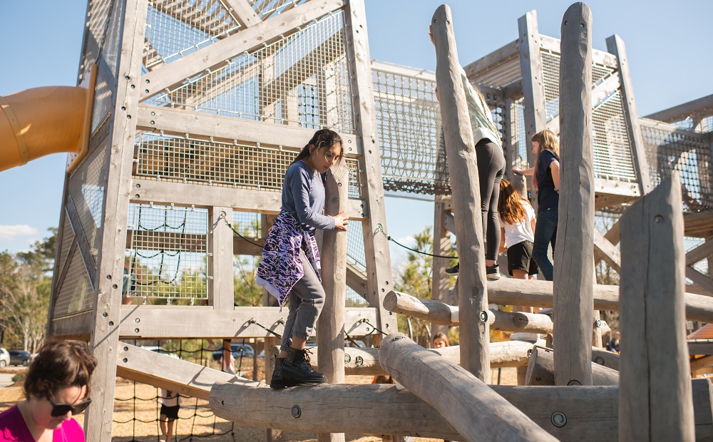 natural and inclusive playgrounds offer restorative play: kids climbing on playground on sunny day