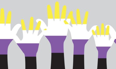 Diversity of nonbinary youth report: Silhouette of yellow, white, purple and black colored hands as the colors of the non-binary flag.