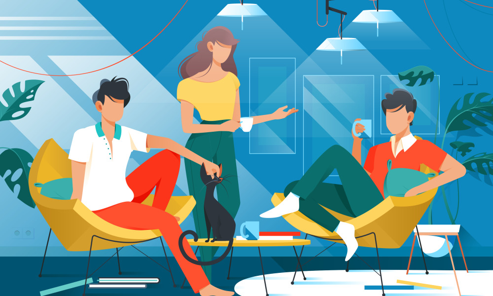 Disabled Roommates: brightly colored illustration of three people lounging with coffee in a livng room