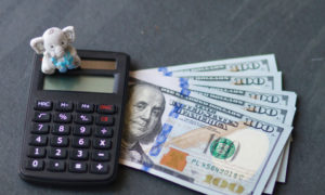 Child welfare solution: Calculator, five U.S. $100. bills and small stuffed elephant on dark gray tabletop