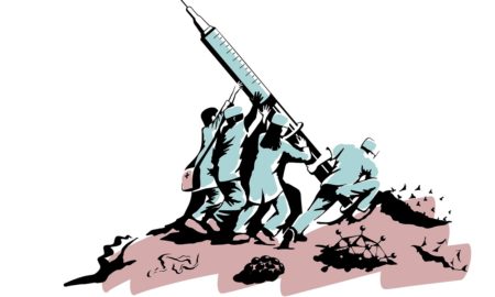 Engaging the arts to build vaccine confidence grants: drawn depiction of healthcare workers raising vaccine syringe like marines raised flag in WW2