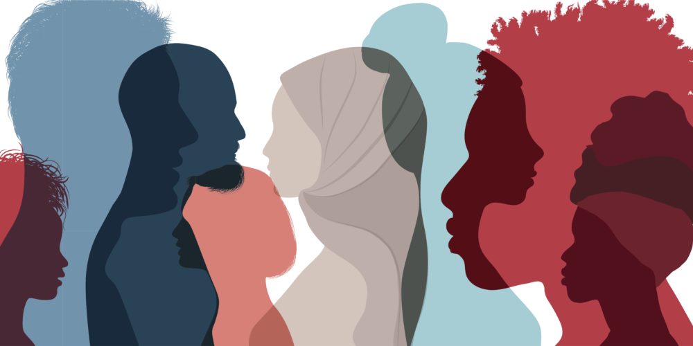 Equity and community: Illustration of several multi-colored silhouettes of people's profile headshots
