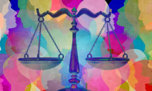 disabled people legal guardianship: illustration of an antique 2-sided scale with colorful pastel cloud background